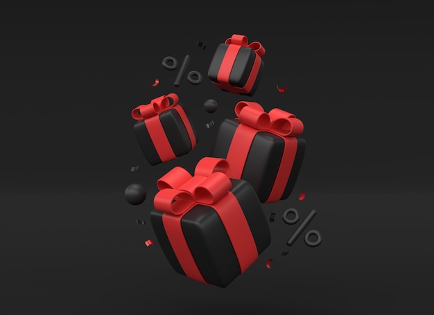 Cajas de regalo negras 3D con arcos rojos en el icono de porcentaje de otoño y confeti en un estandarte de estilo realista minimalista para la venta publicitaria para el viernes negro o el año nuevo 3D renderización