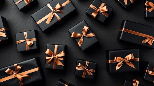 Cajas de regalo negras con cinta Flat Lay View IA generativa