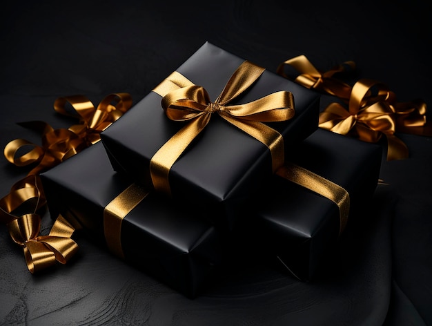 Cajas de regalo negras con lazo dorado sobre fondo negro copiar espacio