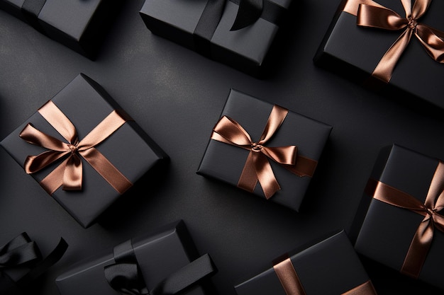 Cajas de regalo oscuras con cinta de raso y lazo sobre fondo negro Regalo navideño con espacio para copiar Regalo de cumpleaños o Navidad vista superior plana Caja de regalo de Navidad Concepto de viernes negro