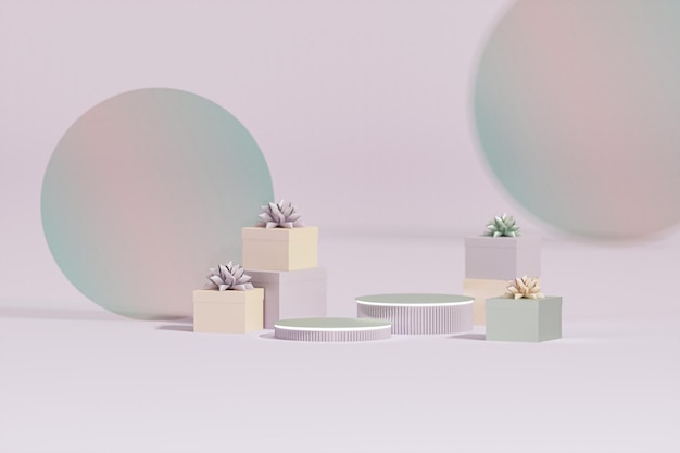 Cajas de regalo pastel con cinta verde, globos de luz, arco de cristal, representación 3d de escenario realista redondo