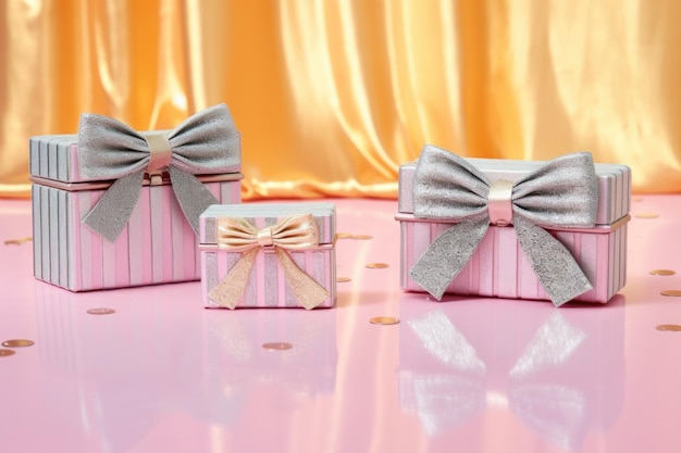 Cajas de regalo plateadas y doradas con lazos brillantes sobre una superficie rosa pastel