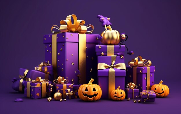 Cajas de regalo púrpuras y doradas en 3D Feliz Halloween