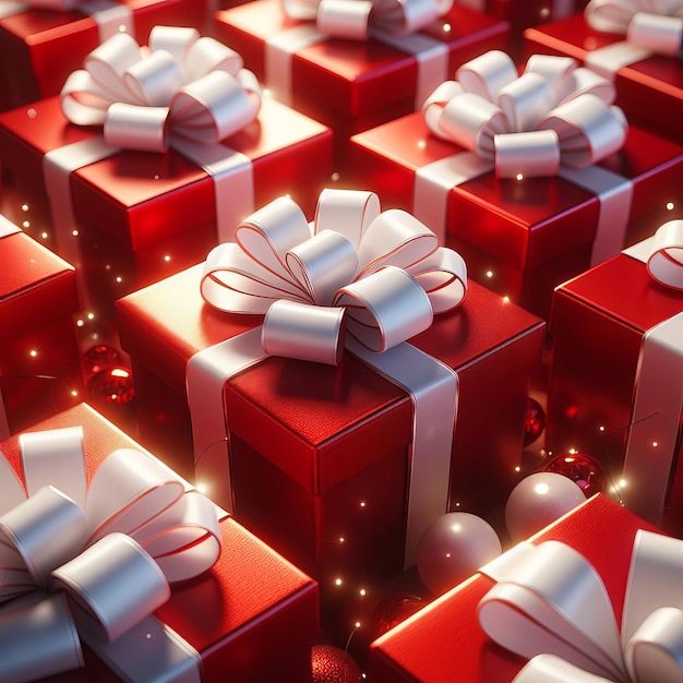 Cajas de regalo rojas con cintas blancas rodeadas de pequeñas esferas blancas Regalo para cumpleaños o Año Nuevo