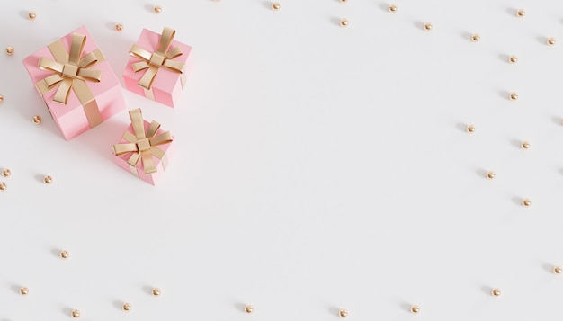 Cajas de regalo rosa con cinta dorada sobre fondo blanco, render 3d