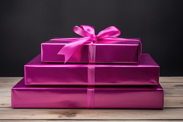 Cajas de regalo rosas planas con cintas sobre un fondo rosa