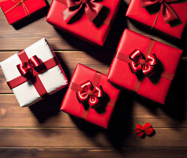 Cajas de regalo de San Valentín y cinta roja sobre fondo de madera