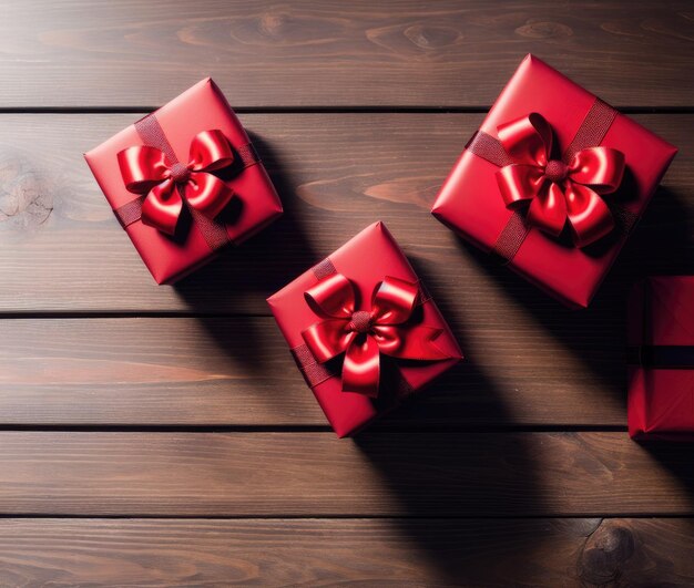 Cajas de regalo de San Valentín y cinta roja sobre fondo de madera