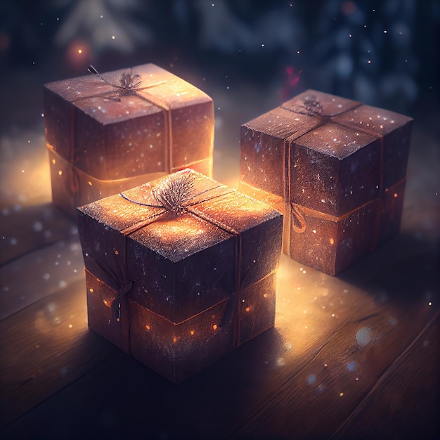Cajas de regalo sobre fondo de madera en invierno IA generativa