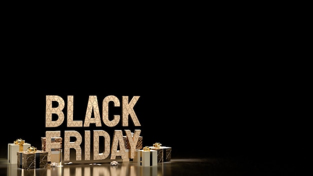 Las cajas de regalo y texto de oro de Black Friday para la representación 3d del concepto de compra de oferta o promoción