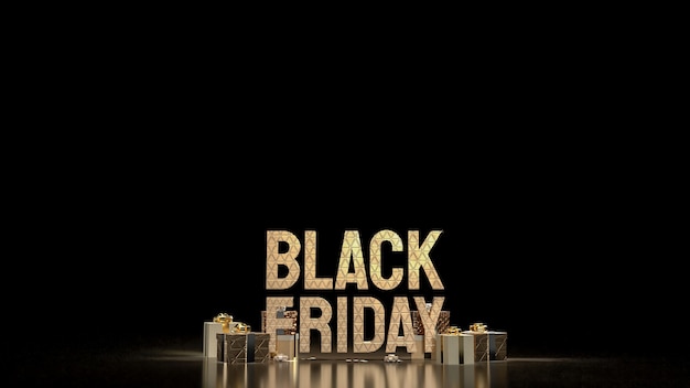 Las cajas de regalo y texto de oro de Black Friday para la representación 3d del concepto de compra de oferta o promoción