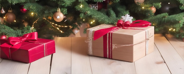 Foto cajas de regalos bajo un árbol de navidad