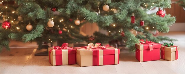 Foto cajas de regalos bajo un árbol de navidad