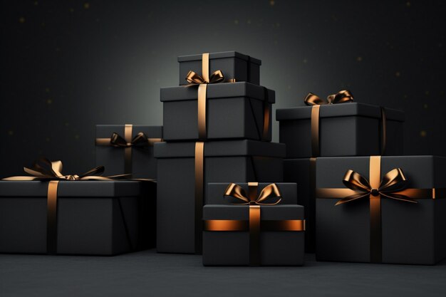Cajas de regalos arregladas envueltas en papel negro con una cinta negra que representa la Navidad