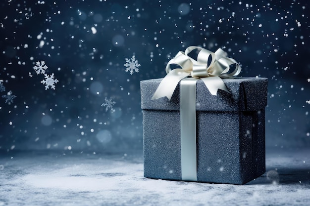 Cajas de regalos azules sobre un fondo azul festivo con copos de nieve de invierno con espacio de copia Venta de vacaciones