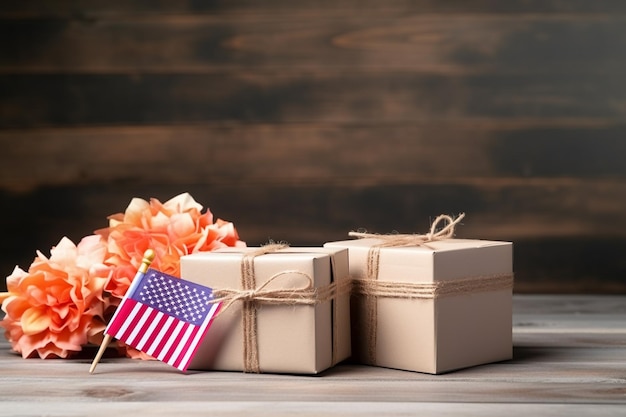 Cajas de regalos con bandera estadounidense y flores en una mesa de madera gris