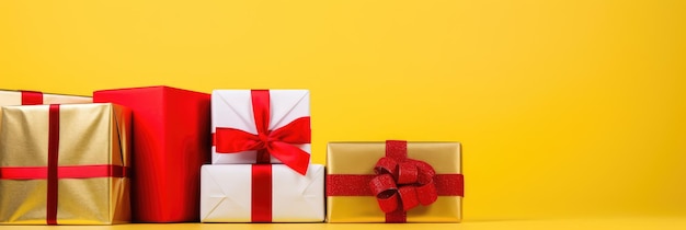 Cajas de regalos brillantes con regalos sobre un fondo amarillo brillante