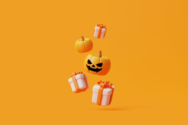 Cajas de regalos con calabazas de Halloween Jack o Lanterna flotando en el aire sobre un fondo naranja renderizado en 3D