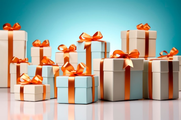 cajas de regalos con cintas naranjas sobre fondo azul IA generativa