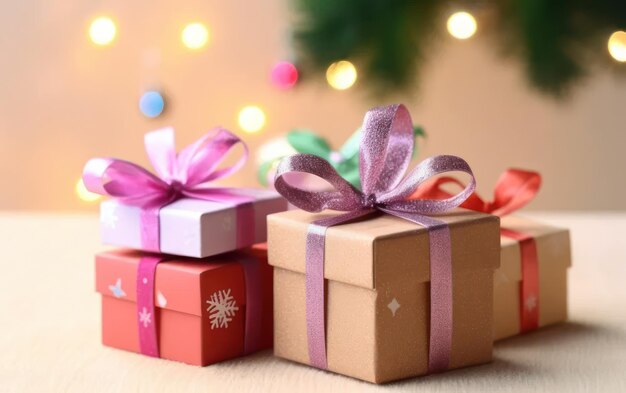 Foto cajas de regalos coloridas con bolas y conos de navidad en la mesa ai generativa