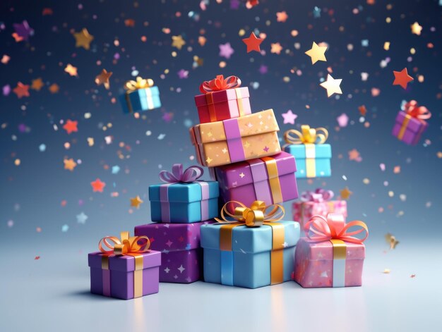 cajas de regalos coloridas con confeti volando y cayendo