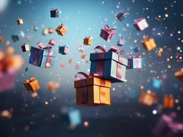 cajas de regalos coloridas con confeti volando y cayendo