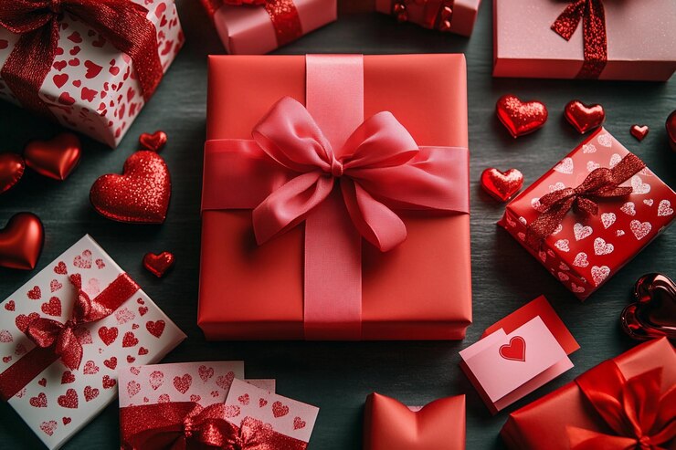 Cajas de regalos coloridas con temas de corazones dispuestas en una mesa para una celebración IA generativa