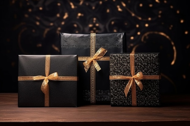 Cajas de regalos de Eid intrincadamente decoradas contra un fondo negro