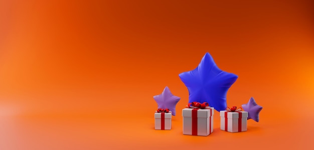 Cajas de regalos y estrellas para la promoción de descuento de venta de Navidad con espacio de copia Diseño de banner de venta de representación 3D