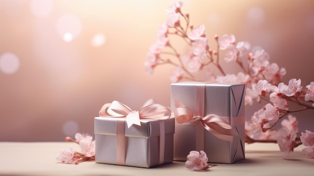 Cajas de regalos fondo de primavera espacio de copia regalos para el día de la madre del 8 de marzo