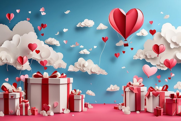 Cajas de regalos con globos de corazón flotando en el cielo Feliz Día de San Valentín banderas de papel estilo artístico