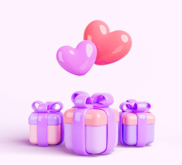 Cajas de regalos con globos en forma de corazón rojo sobre fondo rosa d render boda de San Valentín o día de la madre