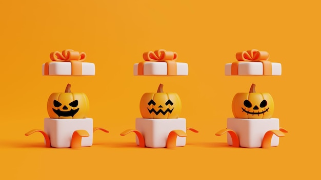 Cajas de regalos con Halloween Jack o Linterna calabazas en fondo naranja Feliz Halloween renderización en 3D