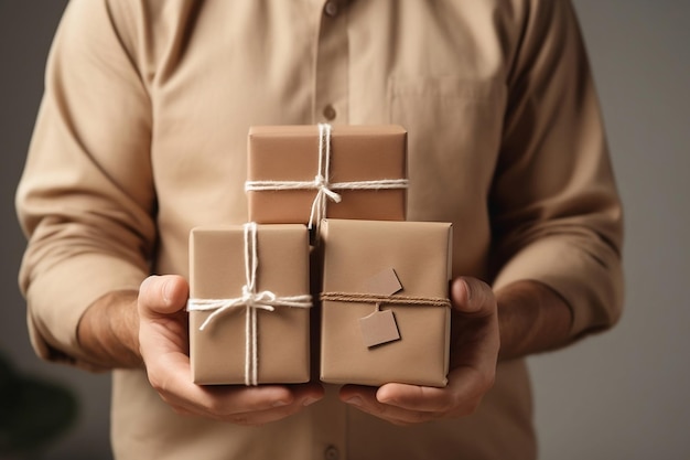 Cajas de regalos marrones en las manos de un hombre