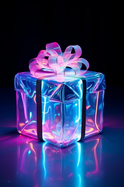 Cajas de regalos en la mesa con iluminación de neón