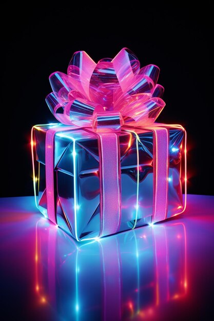 Cajas de regalos en la mesa con iluminación de neón