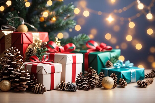cajas de regalos de Navidad y Año Nuevo de fondo y conos de pino y ramas en el fondo de guirnaldas bokeh