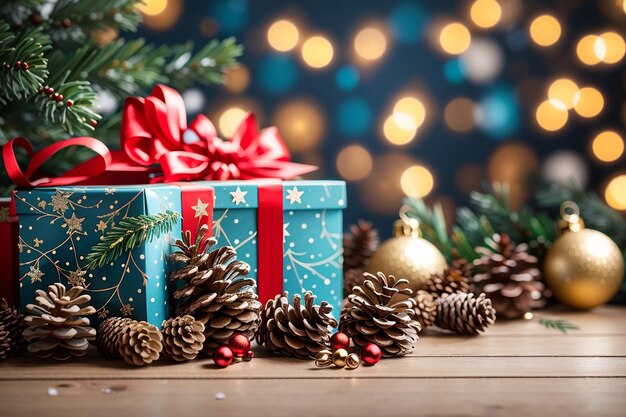 cajas de regalos de Navidad y Año Nuevo de fondo y conos de pino y ramas en el fondo de guirnaldas bokeh