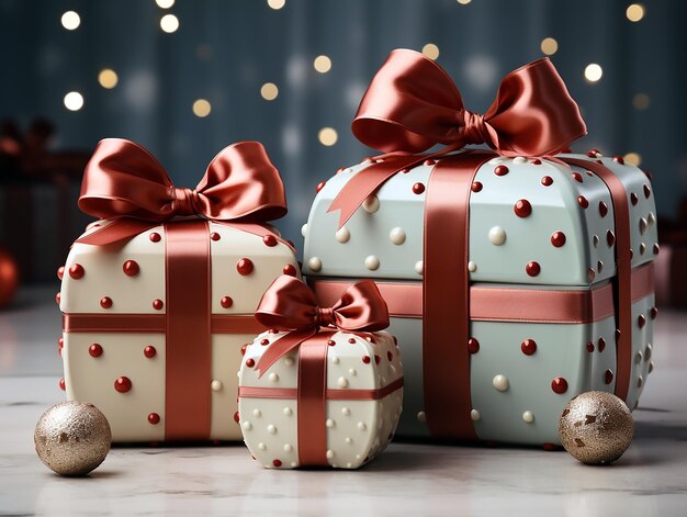 cajas de regalos de Navidad con una cinta roja y un lazo