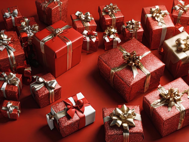 Cajas de regalos de Navidad dispuestas en una plataforma roja