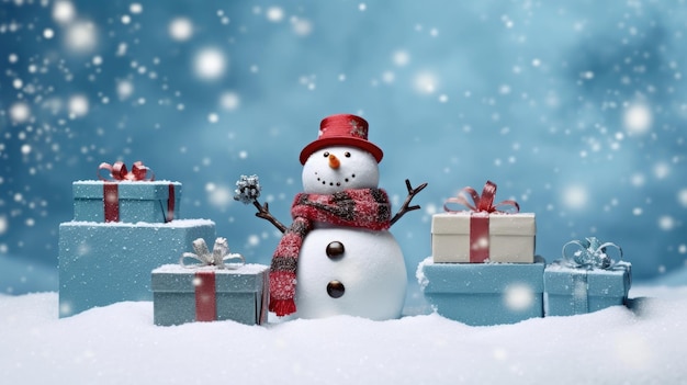 Cajas de regalos de Navidad en la nieve con muñeco de nieve IA generativa