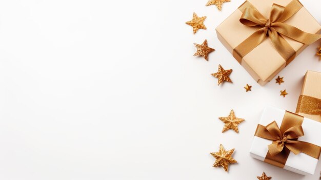 Cajas de regalos de Navidad en papel blanco con confeti de estrellas