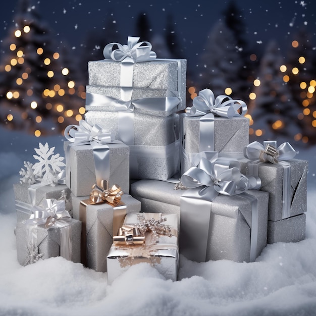 Cajas de regalos de Navidad de plata en la nieve con montañas en el fondo