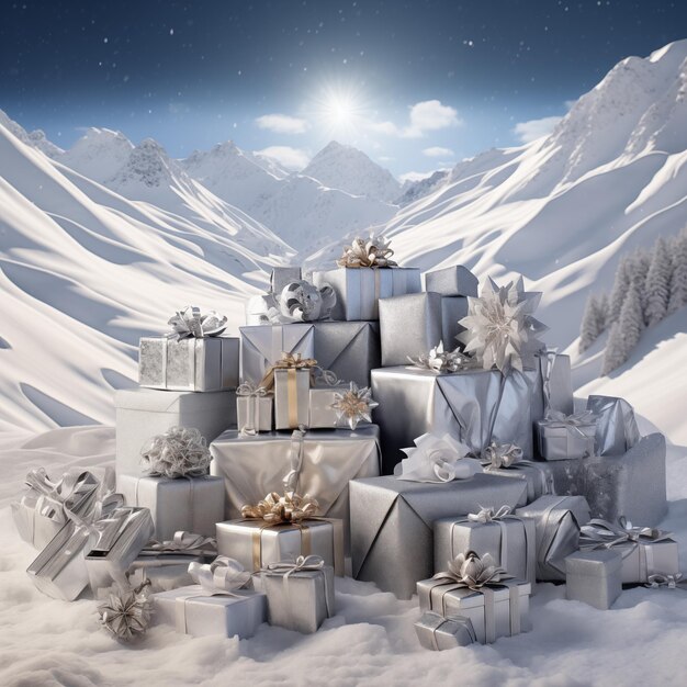 Cajas de regalos de Navidad de plata en la nieve con montañas en el fondo