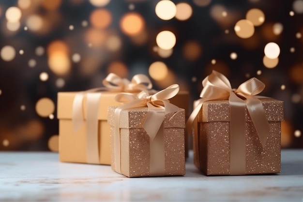 Cajas de regalos navideños festivos y adornos dorados en un fondo bokeh