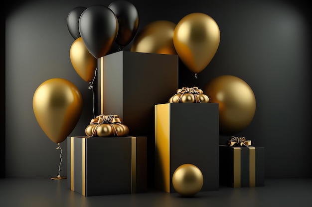 Las cajas de regalos negras con una cinta de oro y globos de oro están en un fondo negro cerca de la pared