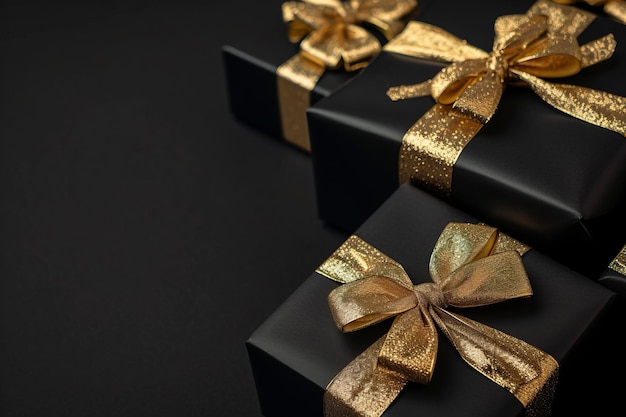 Foto cajas de regalos negras con cintas de oro sobre un fondo negro