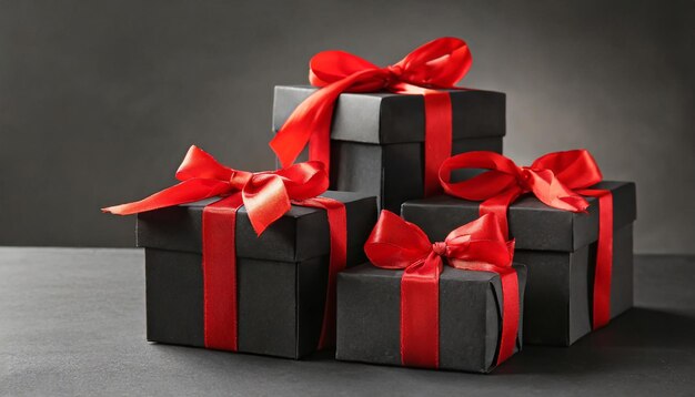 Cajas de regalos negras con cintas rojas sobre un fondo gris concepto de Black Friday