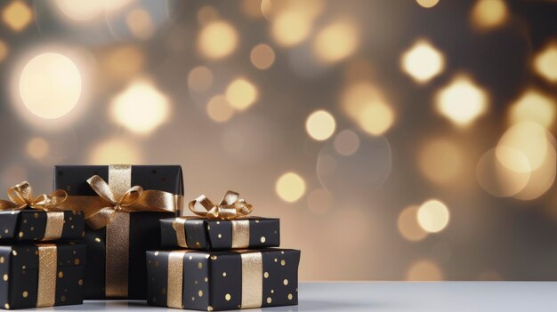 Cajas de regalos negras de Navidad en un estandarte de fondo festivo