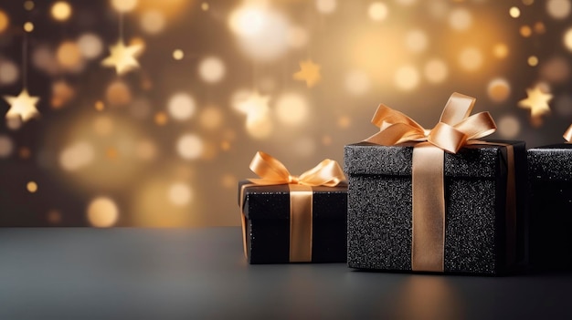 Cajas de regalos negras de Navidad en un estandarte de fondo festivo